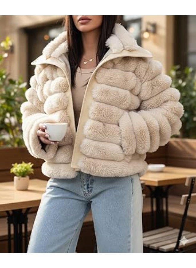 Women's High-Waisted Faux Fur Jacket with Satin Lining, Balloon Beige, Short, One Size - Fits up to 80 kg - Image 2